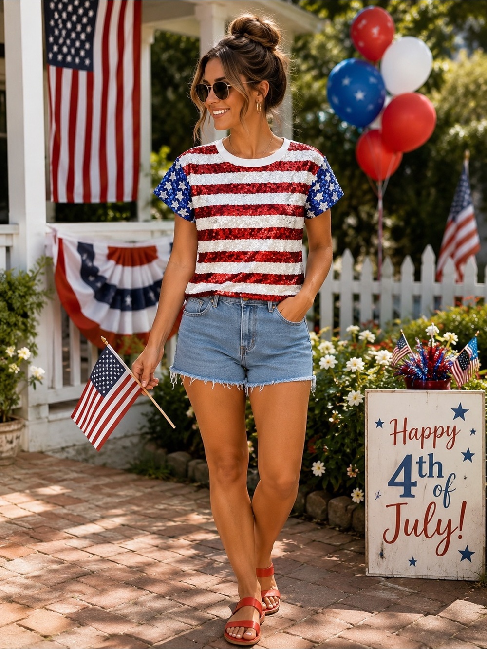 Miss Chievous Sequin Flag Short Sleeve Top - Red White Blue